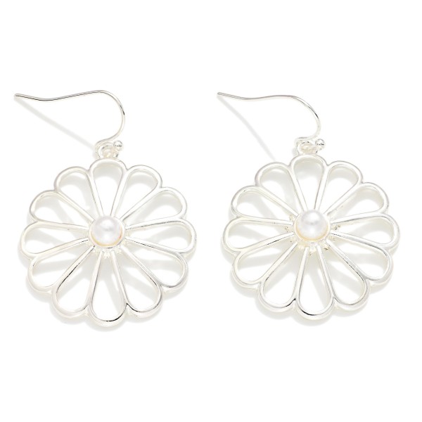 Hollow Metal Tone Flower Drop Earrings With Pearl Detail 

- Approximately 1.25" L