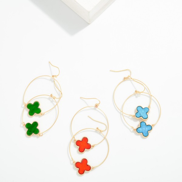 Metal Hoop Drop Earrings Featuring Acetate Clover Station 

- Approximately 2.25" L