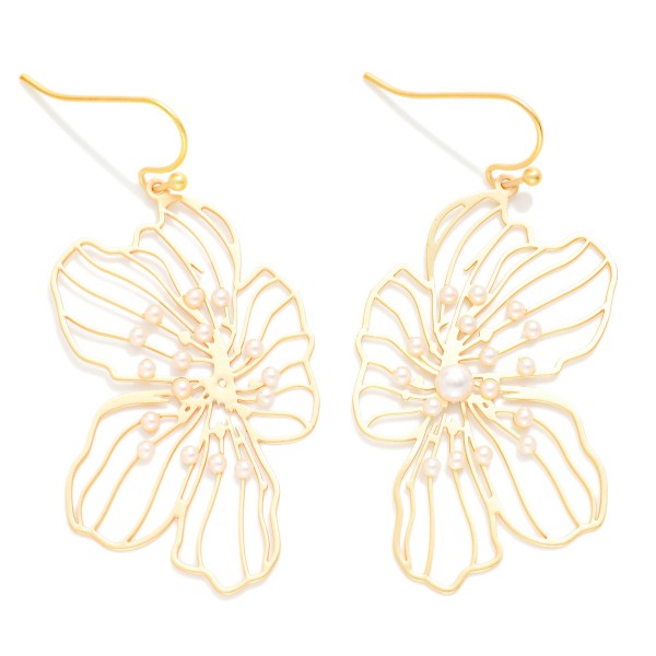 Metal Tone Cut Out Flower Drop Earrings With Pearl Details 

- Approximately 2" L