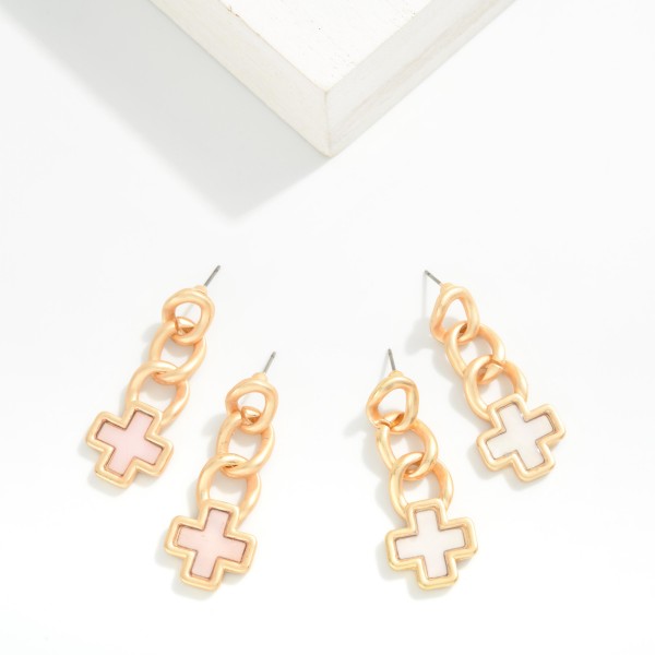 Chain Link & Pearlescent Plus Cross Post Drop Earrings 

- Approximately 1.5" L 
