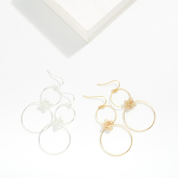 Linked Metal Tone Hoops Drop Earrings With Clover Details 

- Approximately 2" L