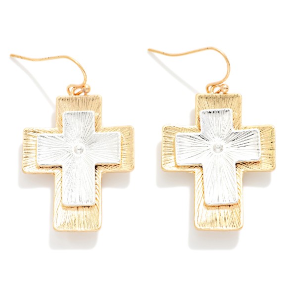 Layered Brushed Metal Tone Cross Drop Earrings 

- Approximately 1.5" L