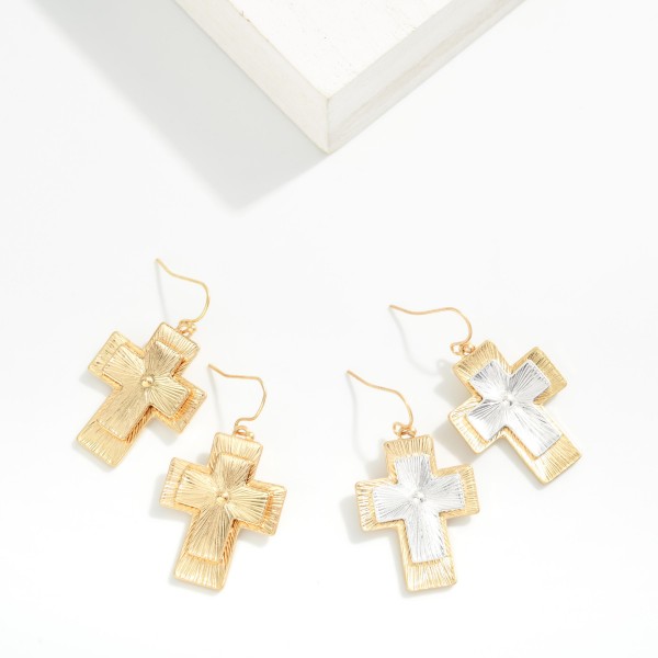 Layered Brushed Metal Tone Cross Drop Earrings 

- Approximately 1.5" L