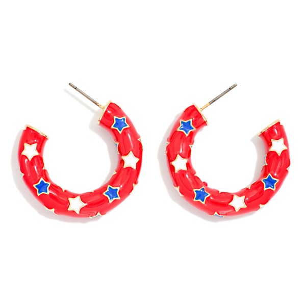 Enamel Americana Hoop Drop Earrings Featuring Stars

- Approximately 1" D