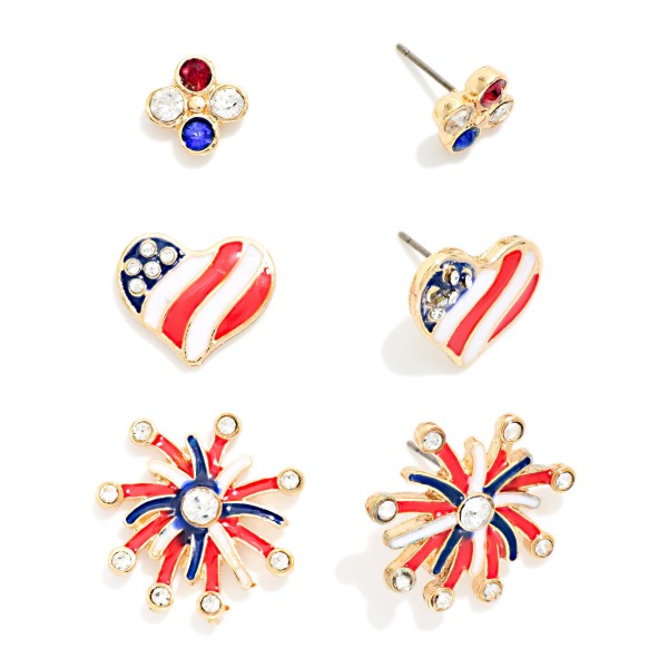 Set Of Three Enamel & Rhinestone Americana Stud Earrings 

- Approximately .25-.75" L