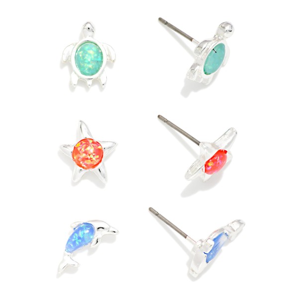 Set Of Three Metal Tone & Glitter Acetate Beach Stud Earrings Featuring Sea Turtle, Starfish, & Dolphin 

- Approximately .25" L