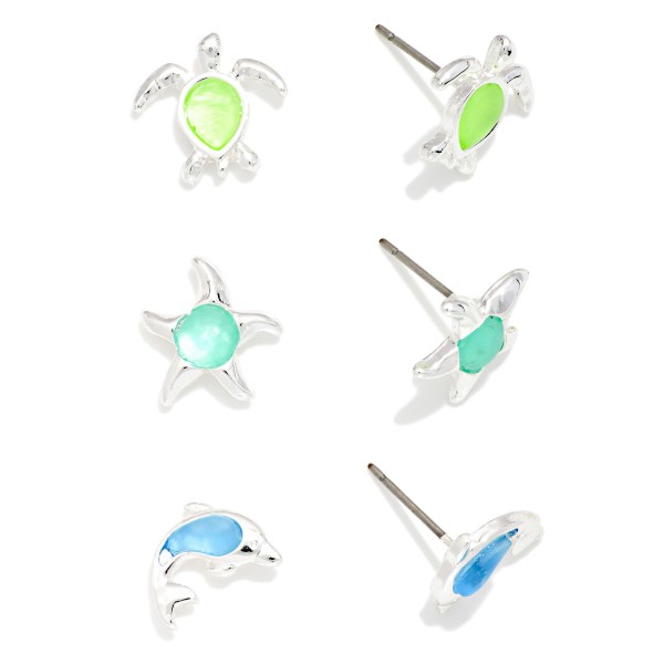 Set Of Three Metal Tone & Acetate Beach Stud Earrings Featuring Sea Turtle, Starfish, & Dolphin 

- Approximately .25" L