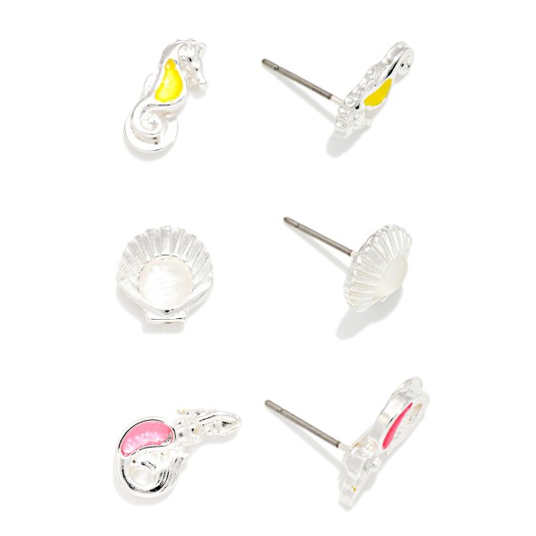 Set Of Three Beach Metal Tone & Acetate Stud Earrings Featuring Shell, Seahorse, & Mermaid  

- Approximately .25" L