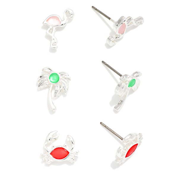 Set Of Three Metal Tone & Acetate Beach Stud Earrings Featuring Crab, Flamingo, & Palm Tree

- Approximately .25-.5" L