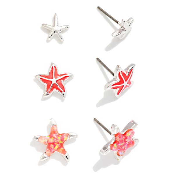 Set Of Three Metal Tone & Acetate Starfish Stud Earrings 

- Approximately .25" L