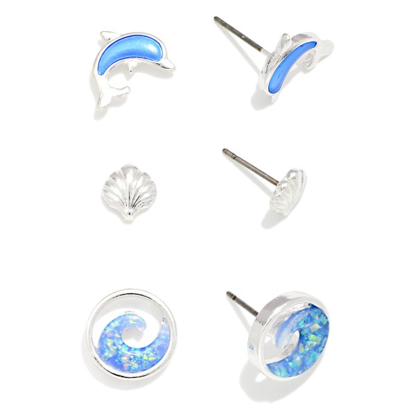 Set Of Three Metal Tone & Acetate Beach Stud Earrings Featuring Shell, Wave, & Dolphin 

- Approximately .25-.5" L