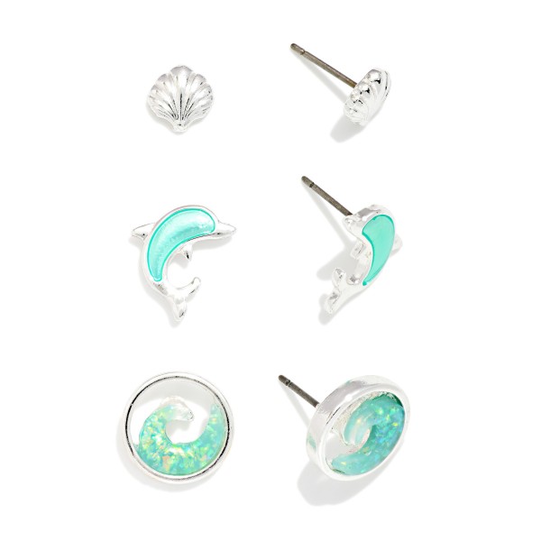 Set Of Three Metal Tone & Acetate Beach Stud Earrings Featuring Shell, Wave, & Dolphin 

- Approximately .25-.5" L