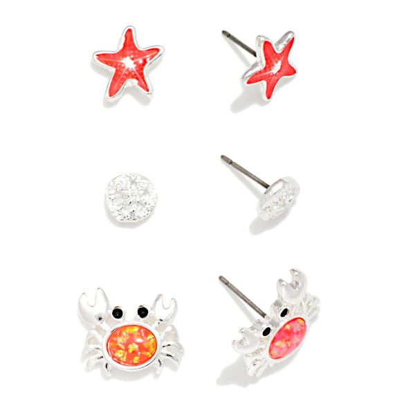 Set Of Three Beach Stud Earrings Featuring Sand Dollar, Starfish, & Crab 

- Approximately .25" L
