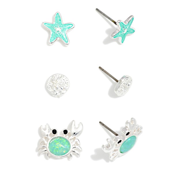 Set Of Three Beach Stud Earrings Featuring Sand Dollar, Starfish, & Crab 

- Approximately .25" L