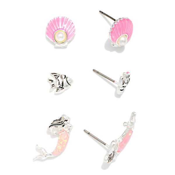 Set Of Three Beach Stud Earrings Featuring Fish, Shell, & Mermaid

- Approximately .25" L