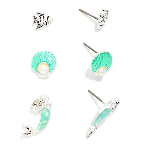 Set Of Three Beach Stud Earrings Featuring Fish, Shell, & Mermaid

- Approximately .25" L