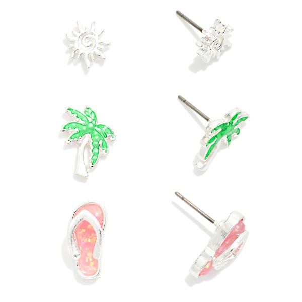 Set Of Three Metal Tone & Glitter Acetate Beach Stud Earrings Featuring Sandal, Palm Tree, And Sun 

- Approximately .5" L