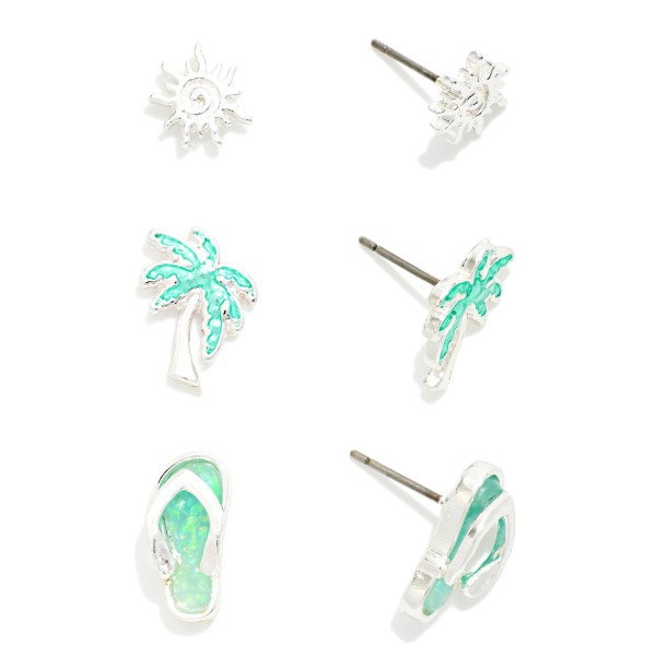 Set Of Three Metal Tone & Glitter Acetate Beach Stud Earrings Featuring Sandal, Palm Tree, And Sun 

- Approximately .5" L
