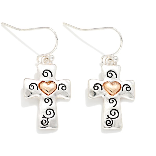 Metal Tone Cross Drop Earring Featuring Engraved Heart 

- Approximately 1" L 
