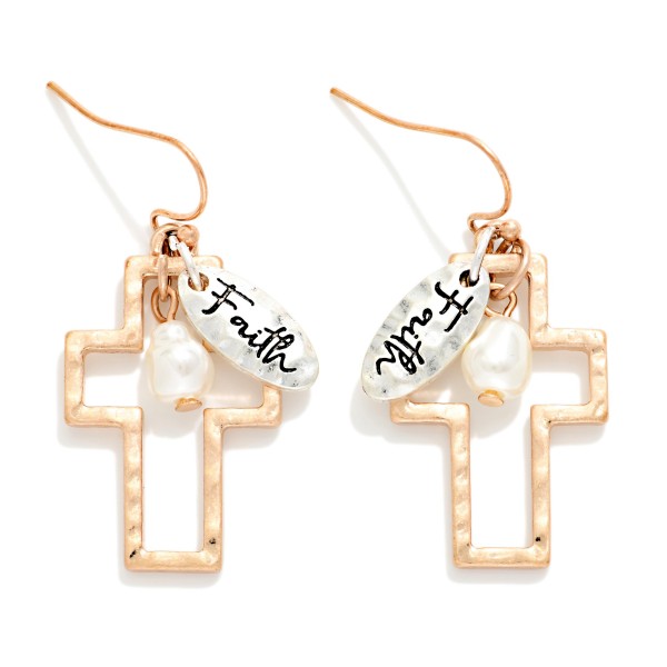 Metal Tone Hollow Cross Drop Earrings Featuring Pearl & "Faith" Charm Details 

- Approximately 1.5" L