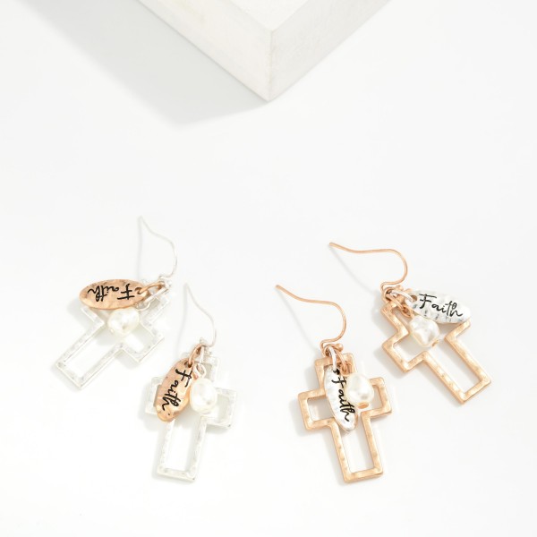 Metal Tone Hollow Cross Drop Earrings Featuring Pearl & "Faith" Charm Details 

- Approximately 1.5" L
