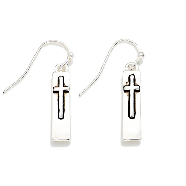Long Metal Rectangular Drop Earrings With Cross Detail 

- Approximately .75" L