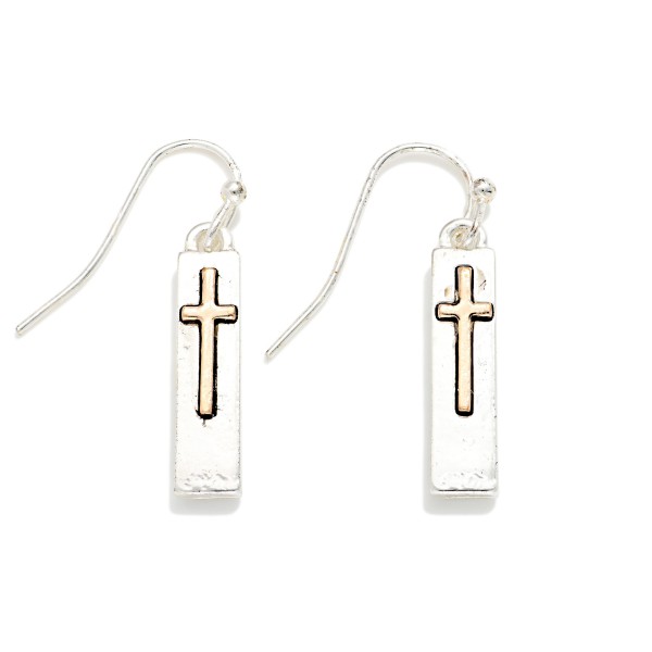 Long Metal Rectangular Drop Earrings With Cross Detail 

- Approximately .75" L