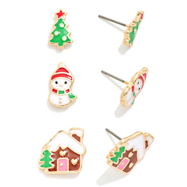 Set Of Three Enamel Christmas Stud Earrings Featuring Christmas Tree, Snowman, & Gingerbread House 

- Approximately .5" L