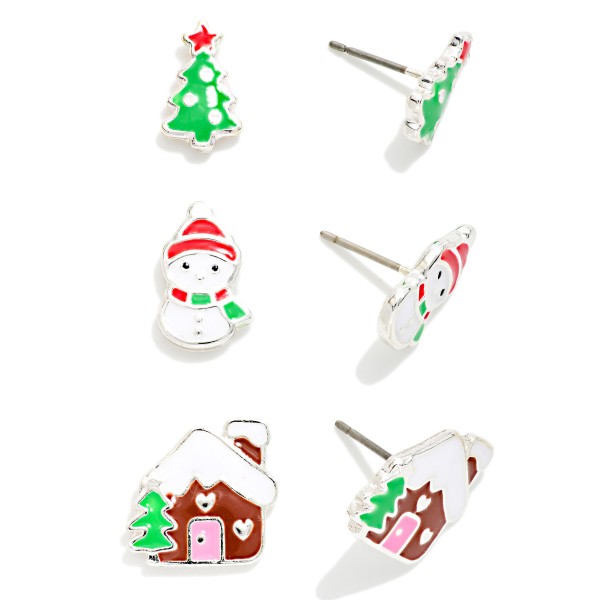 Set Of Three Enamel Christmas Stud Earrings Featuring Christmas Tree, Snowman, & Gingerbread House 

- Approximately .5" L