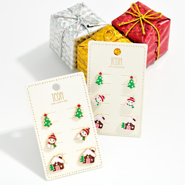 Set Of Three Enamel Christmas Stud Earrings Featuring Christmas Tree, Snowman, & Gingerbread House 

- Approximately .5" L