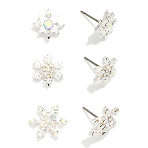 Set Of Three Metal Tone & Rhinestone Snowflake Stud Earrings 

- Approximately .5" L