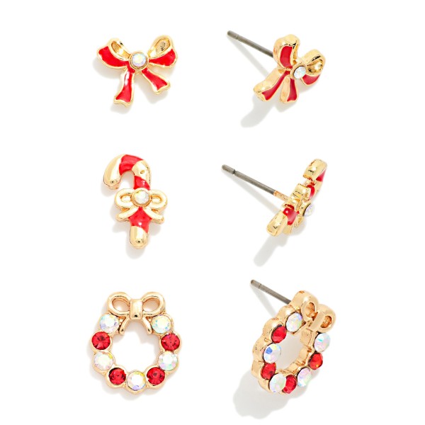 Set Of Three Rhinestone & Enamel Christmas Stud Earrings 

- Approximately .25-.5" L