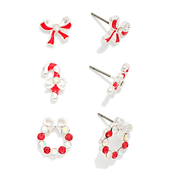 Set Of Three Rhinestone & Enamel Christmas Stud Earrings 

- Approximately .25-.5" L