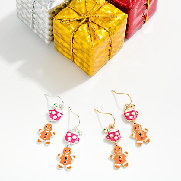 Linked Enamel Hot Coco & Gingerbread Man Drop Earrings 

- Approximately 1.25" L