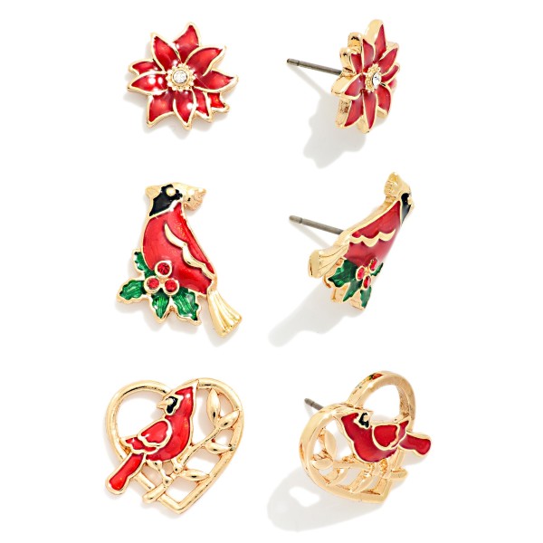 Set Of Three Enamel Christmas Cardinal & Flower Stud Earrings 

- Approximately .5-.75" L