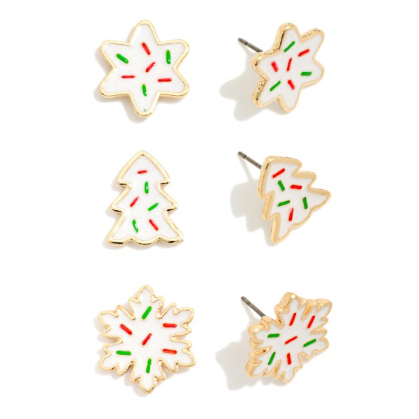 Christmas Cookie Stud Earring Set featuring three pairs of enamel studs shaped like iced holiday sugar cookies with sprinkle details, including star, tree, and snowflake designs. Lightweight post backs keep them comfortable for all day wear. A sweet pick for cookie swaps, holiday parties, and classroom celebrations. Value packed sets make great stocking stuffers and sell quickly at the register during the holiday season.