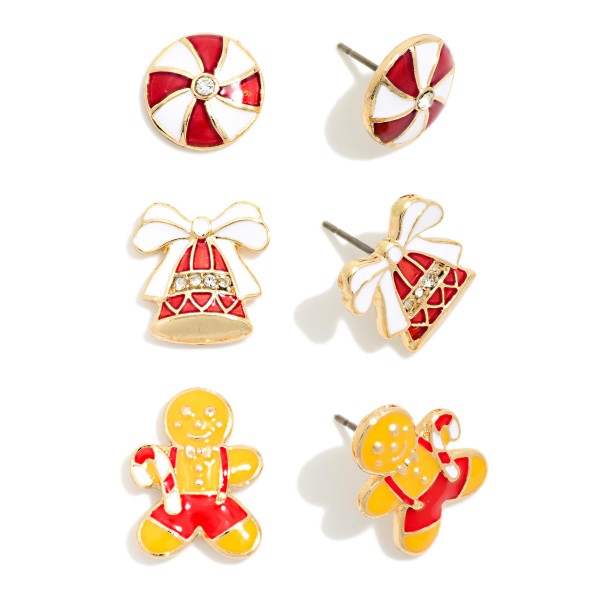 Christmas Stud Earring Set featuring three pairs of enamel studs: peppermint candies, jingle bells, and gingerbread men. Each pair offers a different festive look for the holiday season. Lightweight post backs are comfortable for all day wear. A fun, value packed gift for teachers, coworkers, and stocking stuffers that sells fast from November through December.