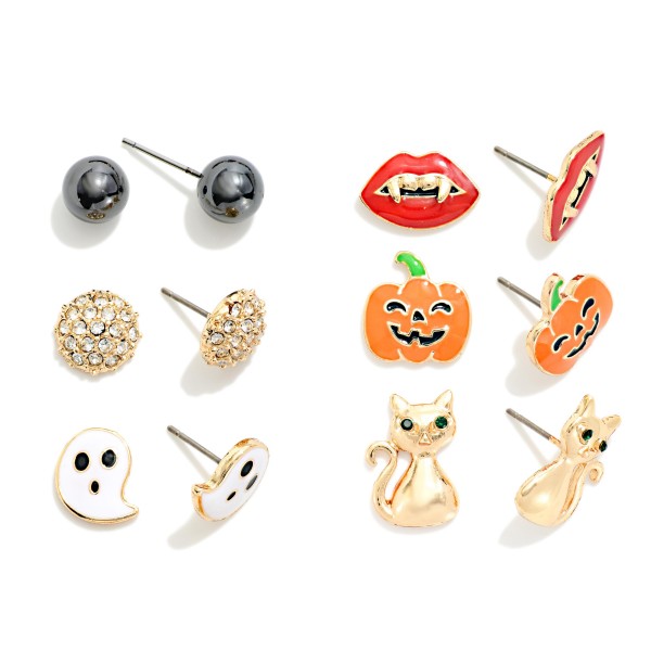 Set Of Six Enamel Halloween Stud Earrings 

- Approximately .25" L-.5" L