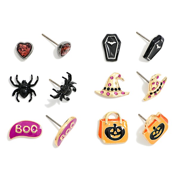 Halloween Stud Earring Set with six pairs of playful enamel studs, including a coffin, spider, witch hat, BOO bubble, jack o lantern bucket, and sparkly heart. Lightweight post backs make them easy to swap and comfortable to wear all day. Perfect for teachers, trick or treating, fall festivals, and Halloween parties. A value packed set that customers grab for themselves and as gifts, so it moves quickly through October.