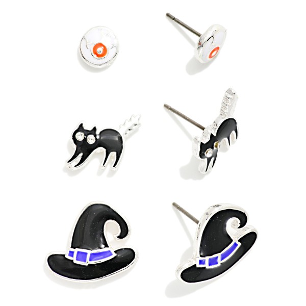 Set Of Three Enamel Halloween Stud Earrings 

- Approximately .25-.75" L