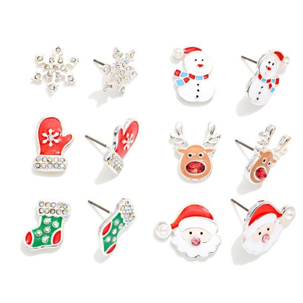 Set Of Six Enamel & Rhinestone Christmas Stud Earrings 

- Approximately .75" L