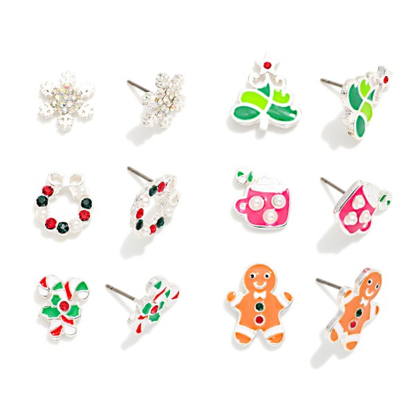 Set Of Six Enamel & Rhinestone Christmas Stud Earrings 

- Approximately .75" L