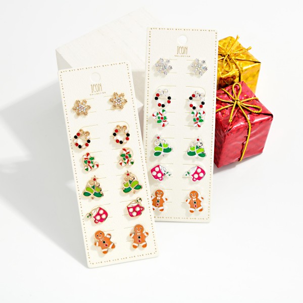 Set Of Six Enamel & Rhinestone Christmas Stud Earrings 

- Approximately .75" L