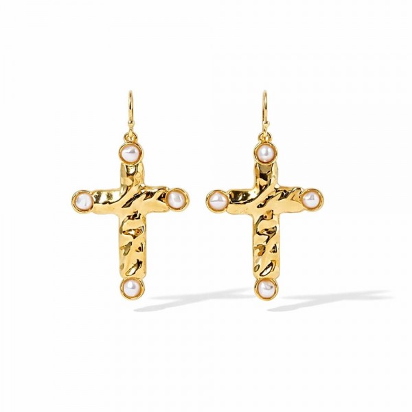 Textured Metal Tone Cross Earring Drop Featuring Pearl Detail 

- Approximately 2" L 