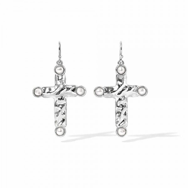 Textured Metal Tone Cross Earring Drop Featuring Pearl Detail 

- Approximately 2" L 