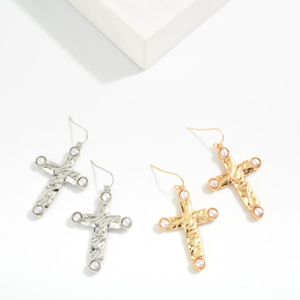 Textured Metal Tone Cross Earring Drop Featuring Pearl Detail 

- Approximately 2" L 