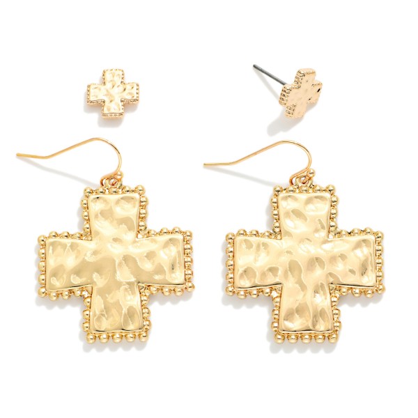 Set Of Two Hammered Metal Stud & Drop Plus Cross Earrings 

- Approximately .5"- 1.5" L