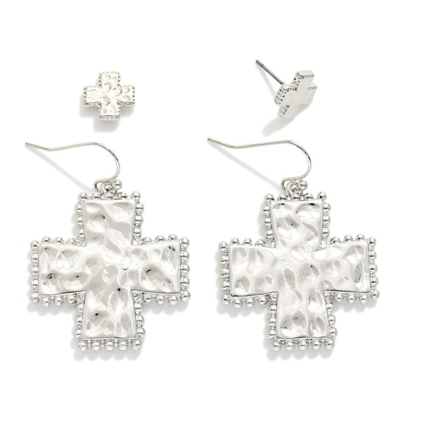 Set Of Two Hammered Metal Stud & Drop Plus Cross Earrings 

- Approximately .5"- 1.5" L