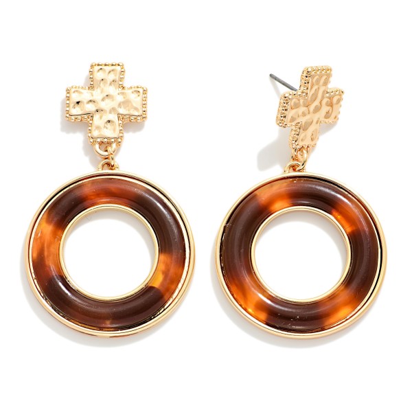 Hammered Metal Plus Cross & Acetate Tortoise Hoop Post Drop Earrings 

- Approximately 2" L