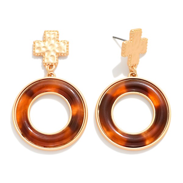 Hammered Metal Plus Cross & Acetate Tortoise Hoop Post Drop Earrings 

- Approximately 2" L